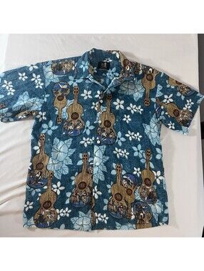 Vintage 80s Nui Nalu Hawaiian Ukulele Hula Girl Blue Mens Aloha Shirt sz XL /996
